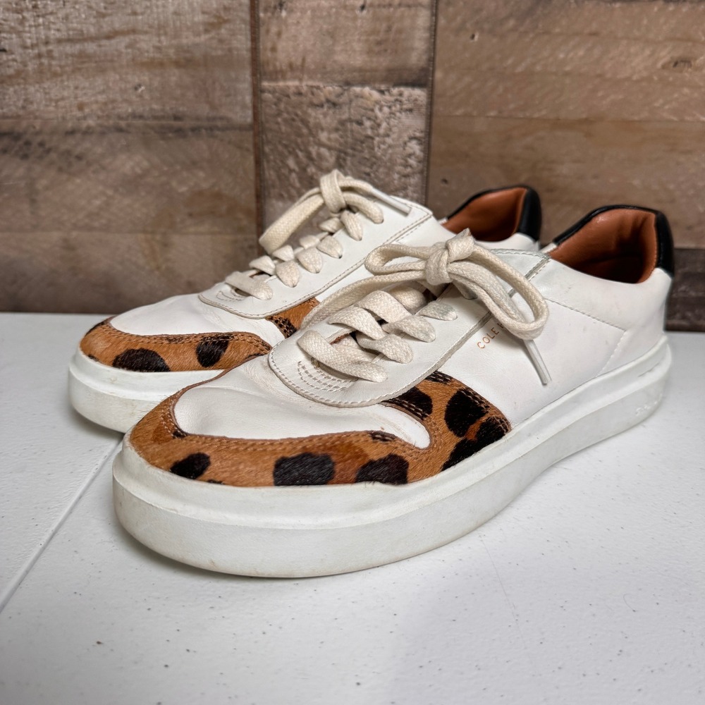 Cole Haan Sneakers Womens 7.5 White Leopard Print Calf Hair Grand Crosscourt